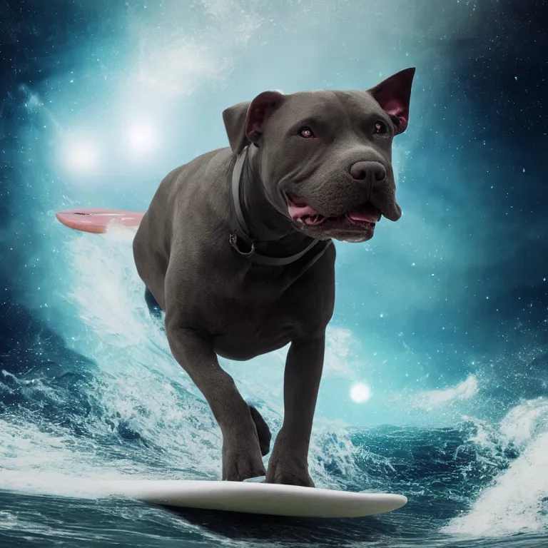 Image similar to photo of a dark gray coat pit bull with a white paws and a white nose!, surfing on a surfboard in a crashing wave of alien galaxy, trending on art station, ocean in space, background is an alien galaxy, aliens in the background, alien colors, octane render, unreal engine, wide view, 8 k, highly detailed