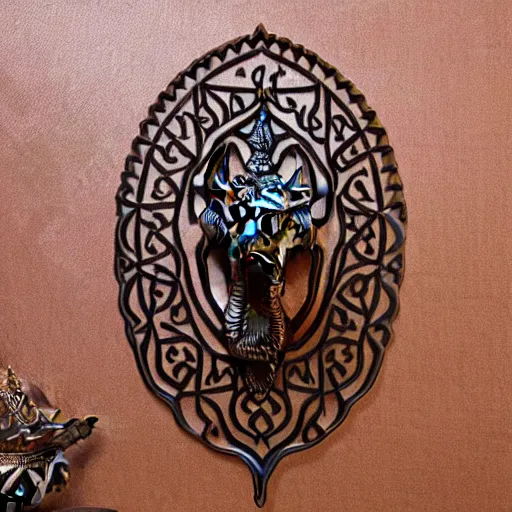 Image similar to gorgeous ornated bronze realistic detailed sacred camel wall decoration with filigree, islamic calligraphy