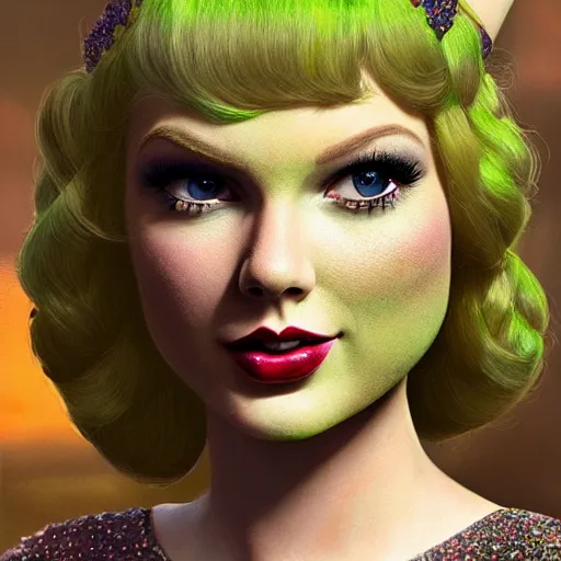 Image similar to portrait of Taylor Swift as Princess Fiona in Shrek 2001. HD, 4K. intricate abstract. intricate artwork. by wlop, beeple, dan mumford. trending on artstation, greg rutkowski very coherent symmetrical artwork. cinematic, hyper realism, high detail, octane render, 8k