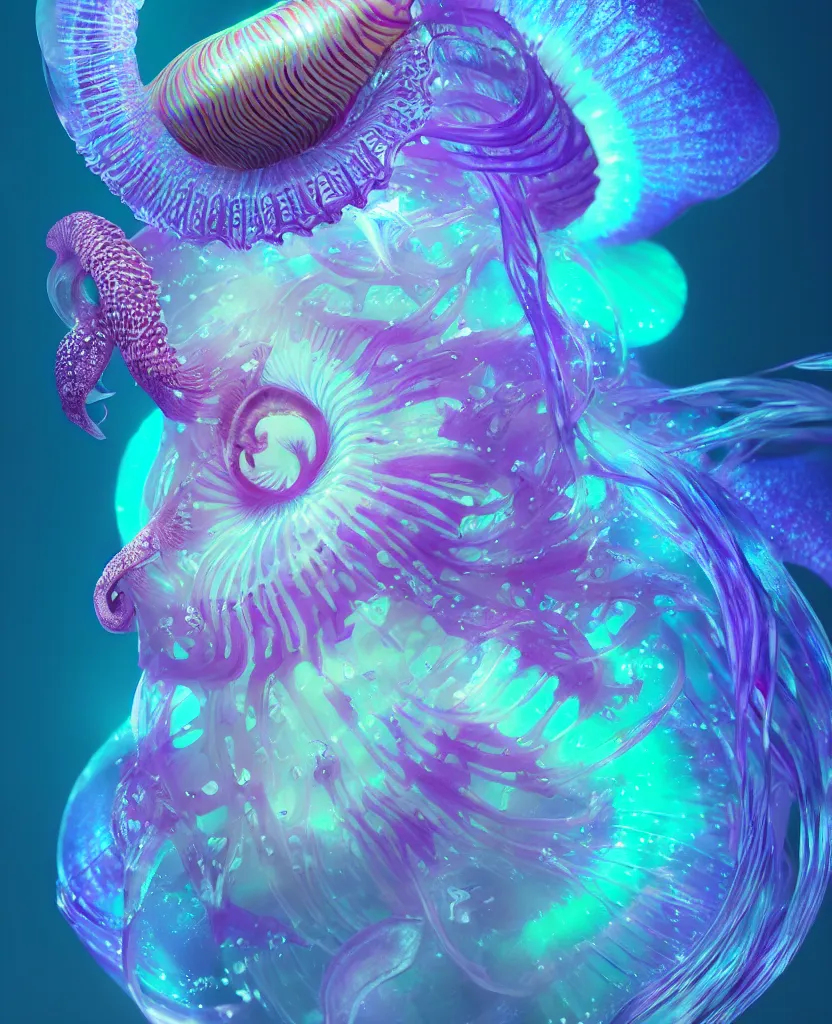 Image similar to goddess close-up portrait. dichroic orchid jellyfish phoenix head, nautilus, skull, betta fish, bioluminiscent creatures, intricate artwork by Tooth Wu and wlop and beeple. octane render, trending on artstation, greg rutkowski very coherent symmetrical artwork. cinematic, hyper realism, high detail, octane render, 8k