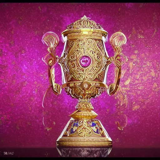 Prompt: a stream of delicious thick pink sauce pouring into an exquisitely detailed beautiful goblet covered in gold filigree carvings of mystical scenes, glimmering diamonds, sapphires and rubies, lapis lazuli inlay, precious artifact, hyperrealistic, 8K HD octane render, fantasy concept art, cinematic lighting, popular on artstation