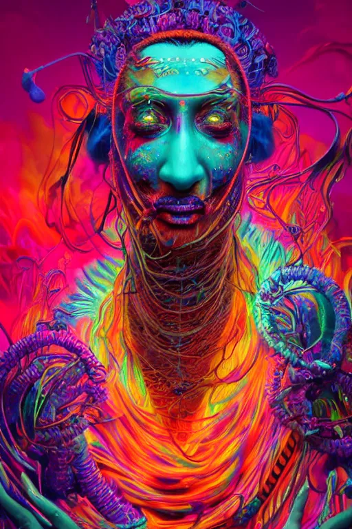 Image similar to an ancient shaman engulfed in colorful liquid smoke and neon clouds, a colorful psychedelic experience, dmt, lsd, face, delicate, highly detailed, digital painting, artstation, concept art, smooth, sharp focus, illustration, digital art by hana yata, and artem demura and beeple, octane render, unreal engine, 8 k