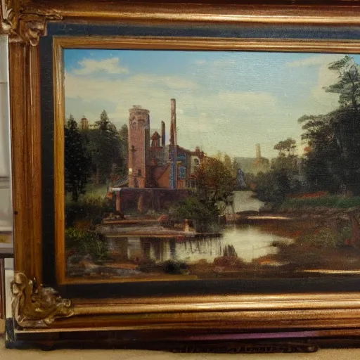 Image similar to painting of a victorian town next to a lake. Highly detailed, well lit