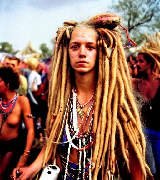 Image similar to portrait of a stunningly beautiful hippie woman with blonde dreadlocks walking in a music festival, by bruce davidson