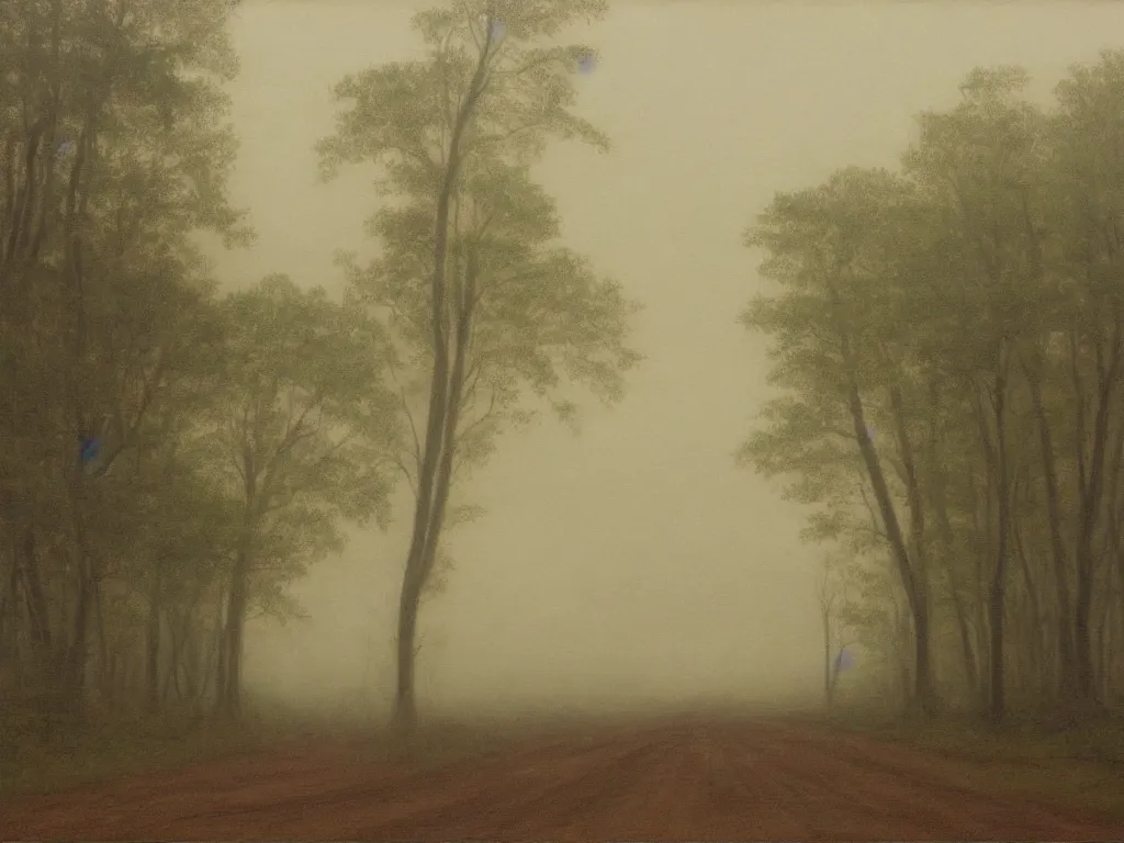 Prompt: corduroy road, dangerous swamp, foggy, hudson river school painting, naturalism