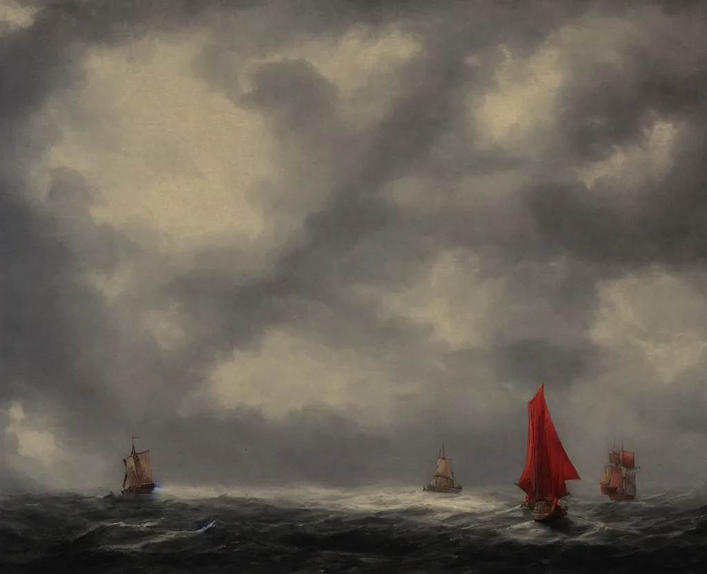 Image similar to ''lonely 18th century sail ship on the red ocean, dramatic, romantic era painting, moody, mist, mysterious''