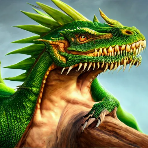 Image similar to realistic, portrait, painting, large green dragon, kodachrome, cgi, hd, detailed