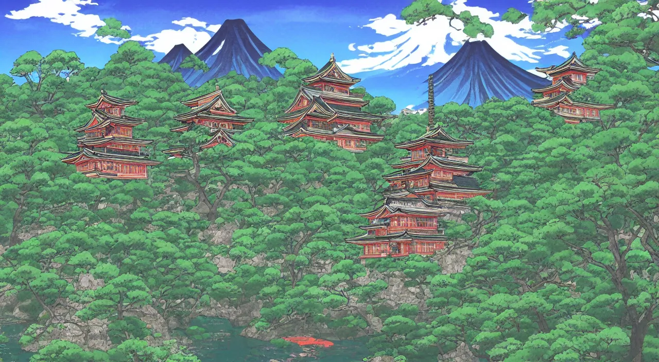 Prompt: a Japanese castle, with a garden as foreground, with mountains as background, in the style of anime, by studio Ghibli