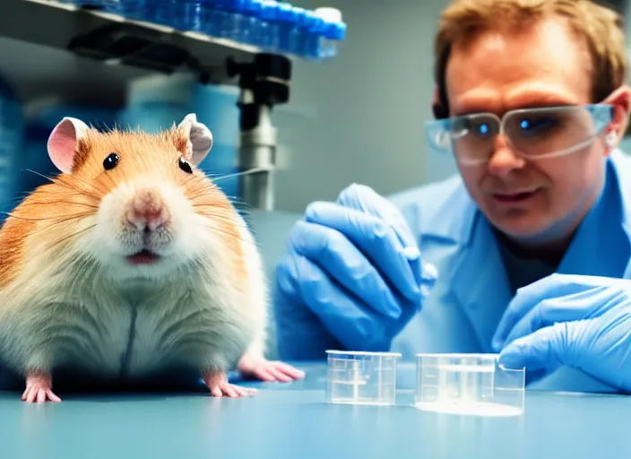 Image similar to film still of a hamster working in a research lab finding the cure for cancer, 8 k