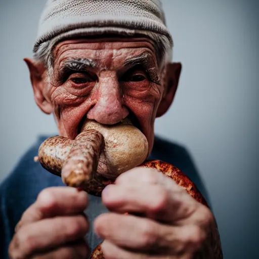 Image similar to An elderly man with a sausage for a nose, Canon EOS R3, f/1.4, ISO 200, 1/160s, 8K, RAW, unedited, symmetrical balance, in-frame