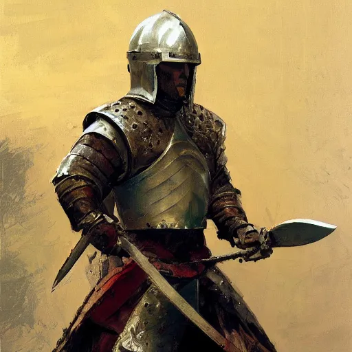 Image similar to portrait of man wearing gambeson and sallet helmet, holding sword, fighting, aggressive, detailed by greg manchess, craig mullins, bernie fuchs, walter everett