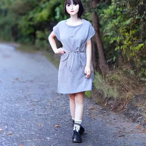 Image similar to girl in anime style with short grey hair wearing a potato sack dress