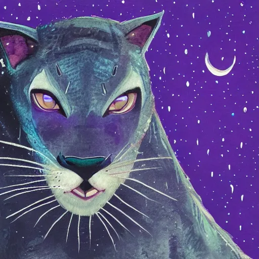 Image similar to closeup of a purple panther roaring at the moon in the forest. night. large moon in the center. detailed eyes. sharp teeth. cinematic. painting. concept art. rustic. gritty.