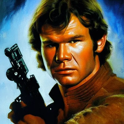 Prompt: ultra realistic portrait painting of han solo, art by frank frazetta, 4 k, ultra realistic, highly detailed, epic lighting