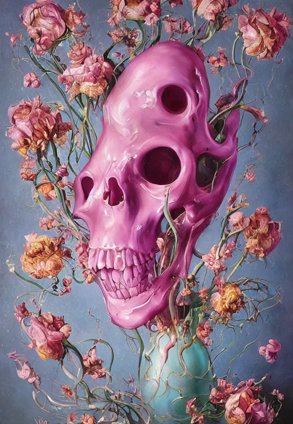 Image similar to a biomorphic painting of a vase with flowers, surrealist painting by krenz cushart and dorothea tanning, pastel blues and pinks, melting, plastic, skull, featured on artstation, tentacles, pink bees, metaphysical painting, oil on canvas, fluid acrylic pour art, airbrush art, hyper realistic, rococo, lovecraftian