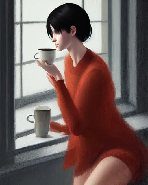 Image similar to a dreamy painting of a pretty french girl with dark hair, wearing an oversized sweater, cuddled up by a windowsill making eye contact with the viewer, holding a mug of hot tea covering her lower face. In the style of ilya kuvshinov, elegant, highly detailed, photorealistic, digital painting, bokeh, HDR, high resolution, artstation, concept art, smooth