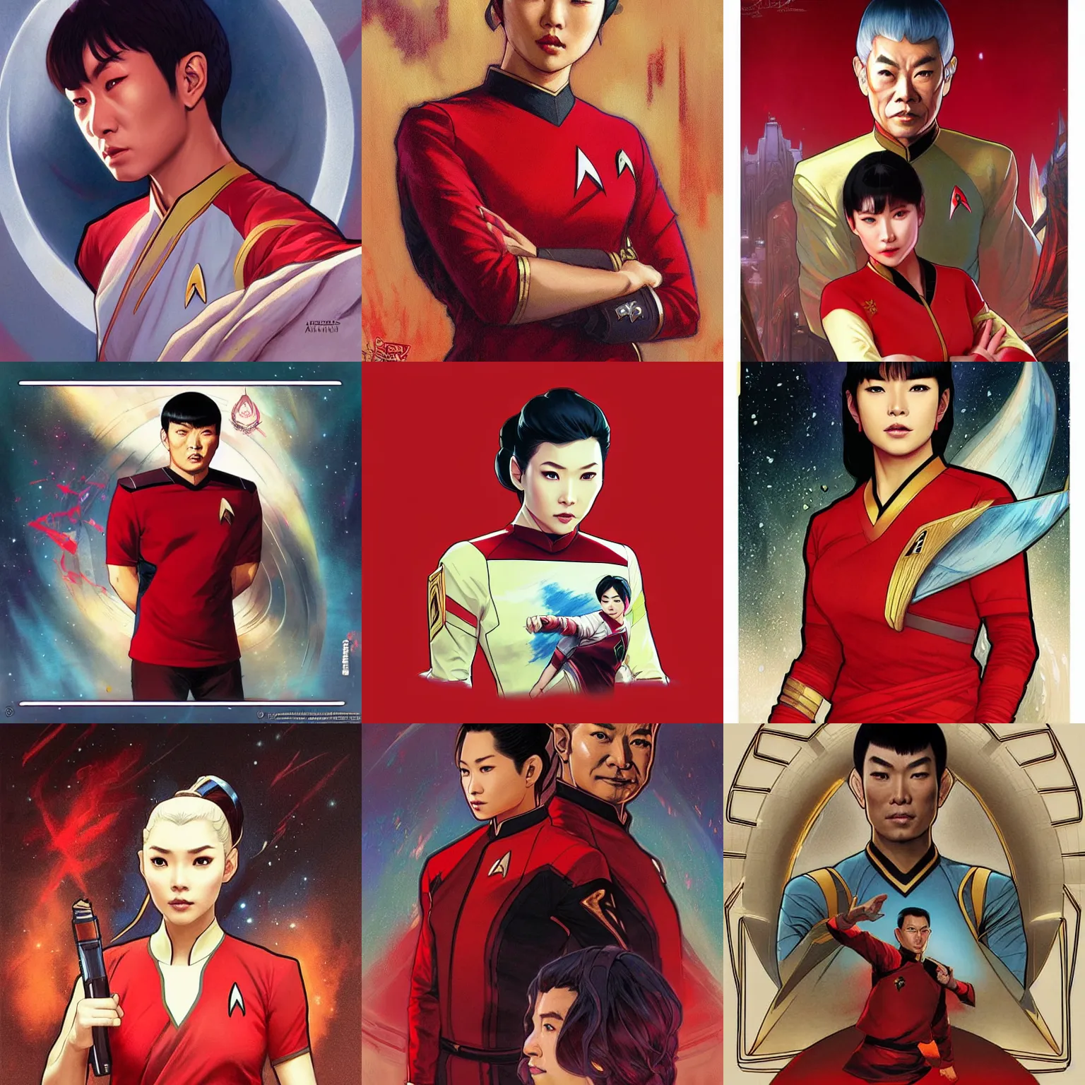 Prompt: An Asian star trek red shirt by Artgerm and greg rutkowski and alphonse mucha