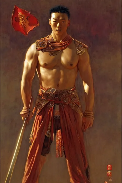 Prompt: wuxia, muscular male, character design, ancient china, colorful, painting by gaston bussiere, craig mullins, j. c. leyendecker, tom of finland