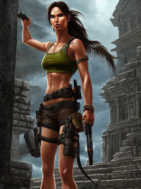 Image similar to lara croft standing in front of an ancient temple, digital painting, extremely detailed, 4 k, intricate, artgerm, by stanley lau