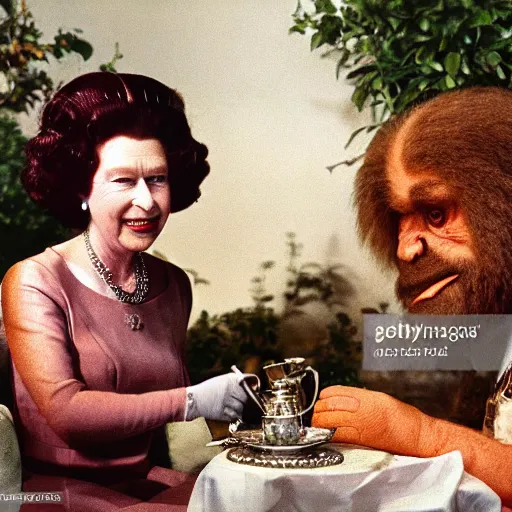 Image similar to photo of queen elizabeth having tea with a neanderthal caveman