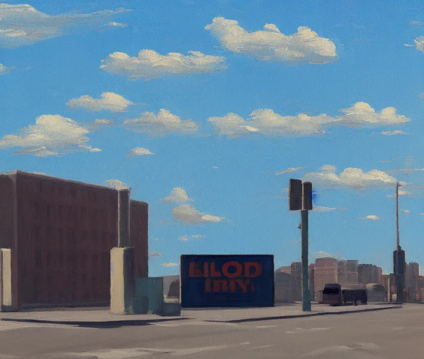 Image similar to a very detailed painting of one big standing billboard, baby blue sky with very aesthetic stylized clouds, in the style of edward hopper, very small brushstrokes, 4 k,