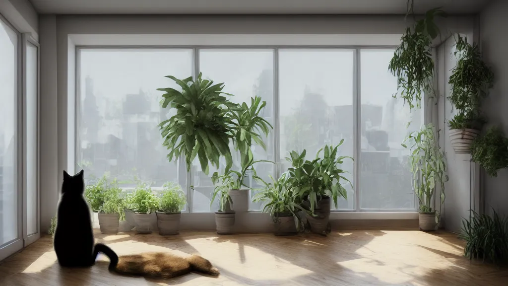 Prompt: peaceful dreamy matte painting of a content black cat sitting by a window and looking outside, sunshine coming through the window, small plants on the window sill, 8k, hyper realism, trending on artstation, octane render