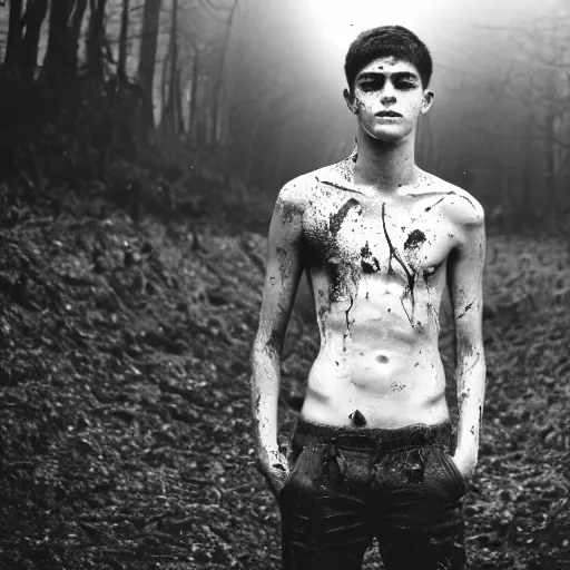 Prompt: detailed portrait of a teenage boy, around 1 9 yo. looking sad. shirtless, tousled hair. muddy face. ominous and eerie looking forest in background.