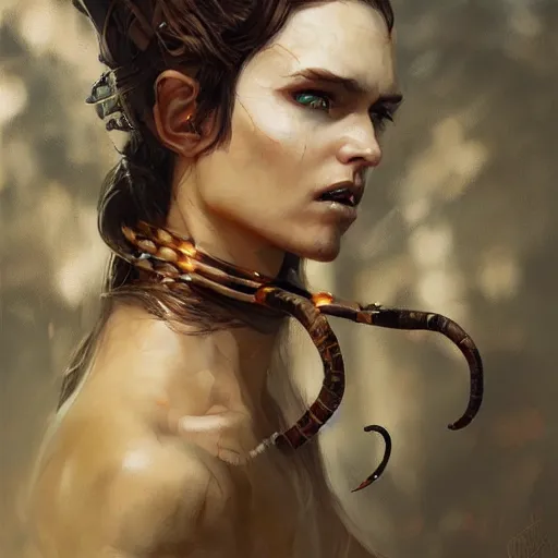 Prompt: portrait of an elven woman with small copper horns and copper scales covering her arm and neck, by greg rutkowski, trending on artstation, dungeon and dragons art