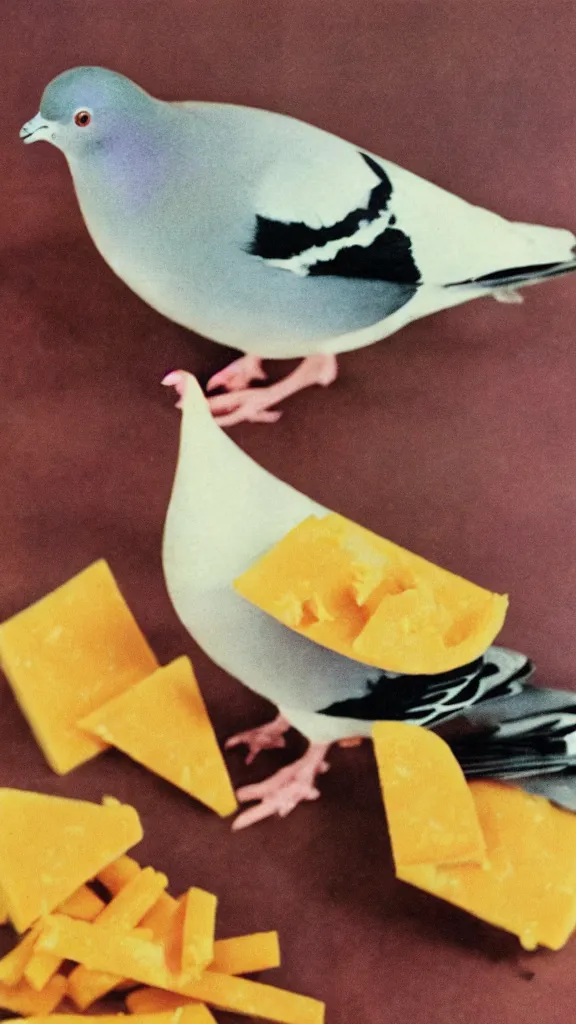 Prompt: 1 9 6 0 s food magazine photo of a pigeon made out of cheddar cheese and ham, soft focus