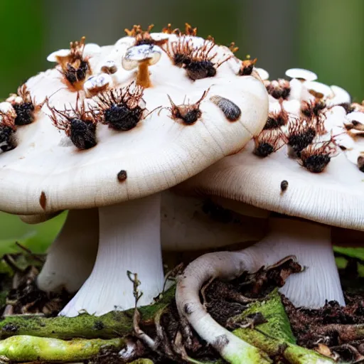 Image similar to real photo of a carnivore mushroom with some dead insects next to it