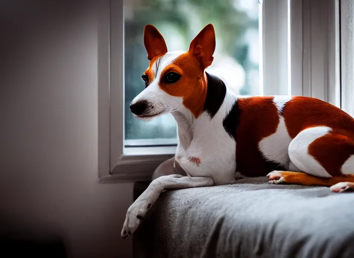 Image similar to photography of a Jack Russel . watching outside the window. on a bed. in a 70's room full of vinyls and posters, photorealistic, award winning photo, 100mm, sharp, high res