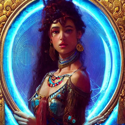 Image similar to artstation, intricate detail, portrait by gaston bussiere, tan skin, lady of elche, egyptian sumerian features, techno mystic dominatrix goddess intergalactica inanna with aqua neon rapunzel dreadlocks,