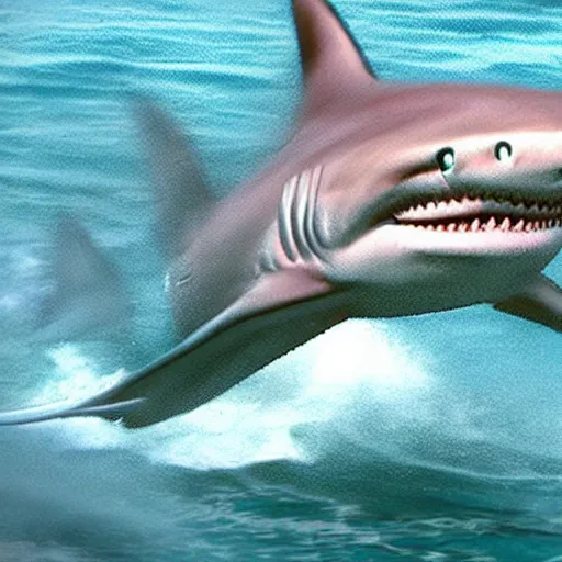 Image similar to donald trump running on water. sharks in the water. realistic.