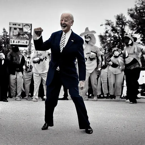 Prompt: joe biden, photograph, dancing, bzrger costume