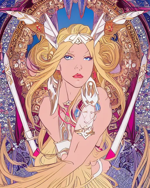 Prompt: She-Ra, long blonde hair, symmetrical portrait RPG avatar, by Mucha, intricate, 8k,