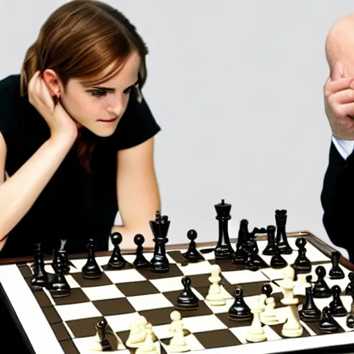 Image similar to emma watson playing chess against gary kasparov and winning!