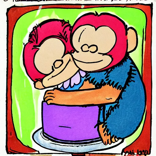 Image similar to an older monkey hugging his younger sister, birthday, cake, cartoon, birthday card