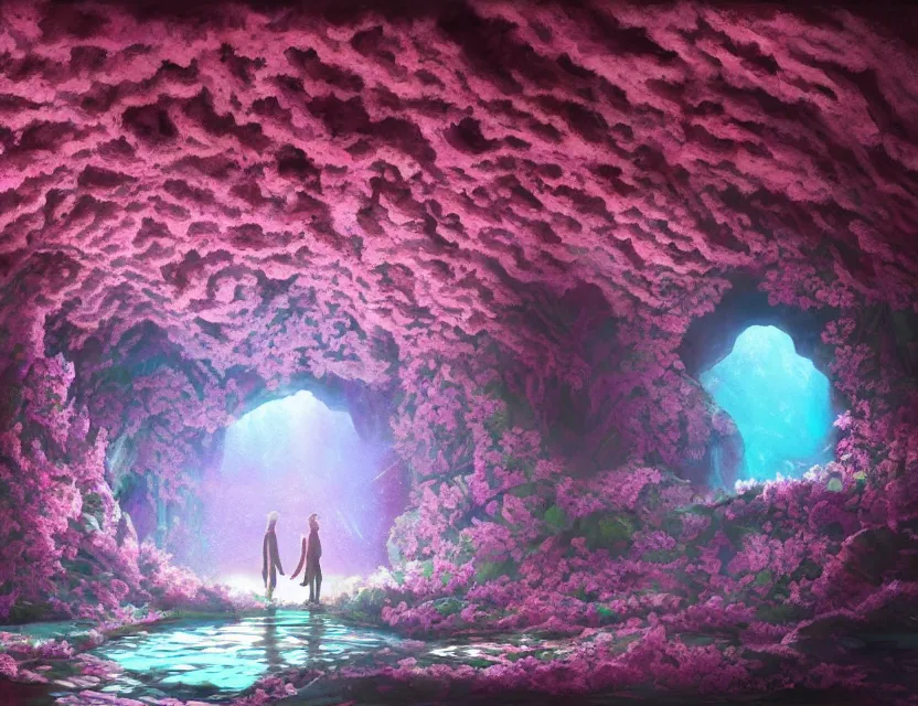 Prompt: vaporwave nightclub in a cherry blossom dripstone cave. oil painting by award - winning concept artist. backlighting, chiaroscuro, intricate details, field of depth.
