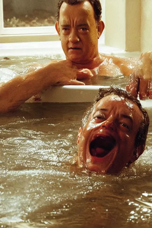 Prompt: tom hanks swimming in a bath tub of baked beans, realistic, moody grindhouse, dark