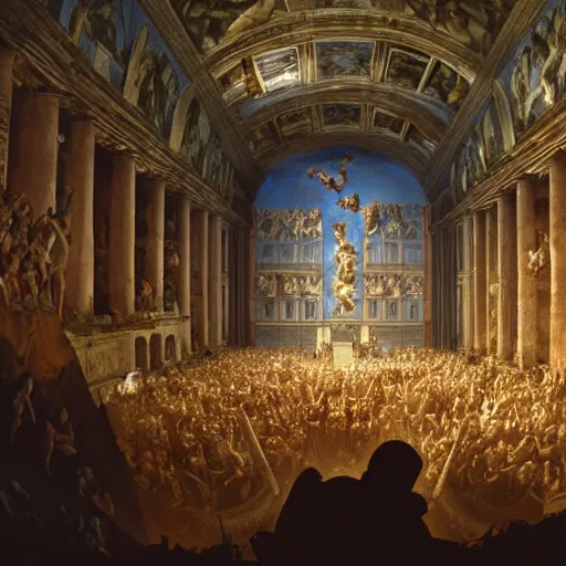 Image similar to the sistine chapel breaks in half as a portal from hell opens up, lucifer morningster emerges along with hordes of demons, the terrified priests and the pope look at the scene with terror in their eyes. highly detailed painting by gaston bussiere, greg rutkowski, craig mullins 8 k