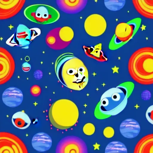 Image similar to outer space view of living planet with cartoon faces, style by kurzgesagt and pixar and dreamworks and disney