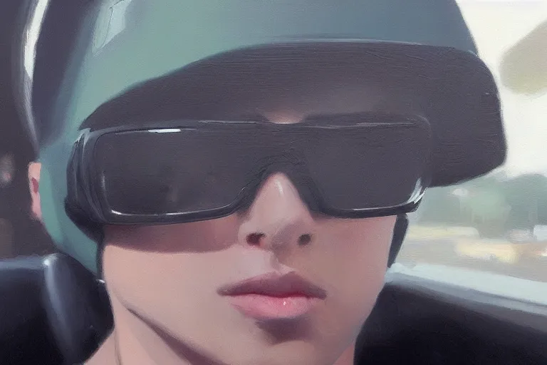 Image similar to A ultra detailed beautiful portrait panting of a stylish pepe sitting in the backseat of a car, Oil painting, by Ilya Kuvshinov, Greg Rutkowski and Makoto Shinkai