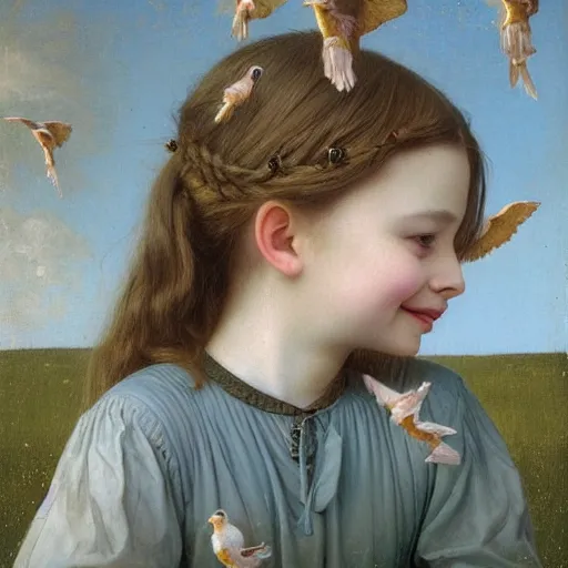 Prompt: !dream a beautiful oil painting of a little cute girl smiling and birds flying around her head by Dino Valls and George Stubbs and Greg Rutkowski