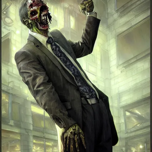 Image similar to a zombie in a business suit, artists portrait, fantasy, highly detailed, digital painting, concept art, sharp focus, depth of field blur, illustration, art by artgerm and greg rutkowski and alphonse mucha