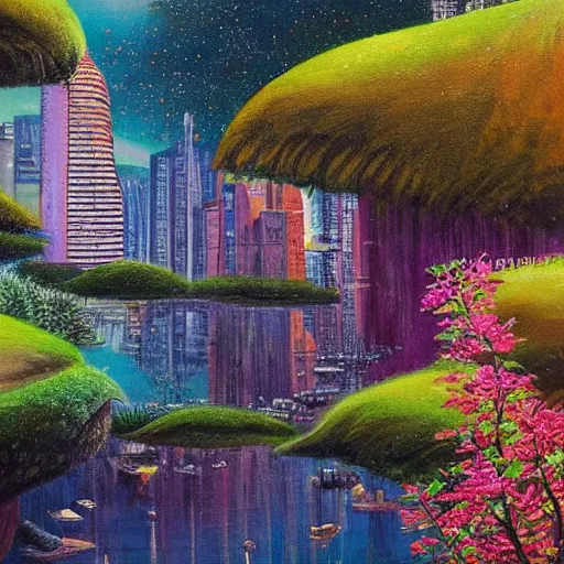 Prompt: Beautiful city of the future in harmony with nature. Nice colour scheme, soft warm colour. Beautiful detailed painting by Lurid. (2022)