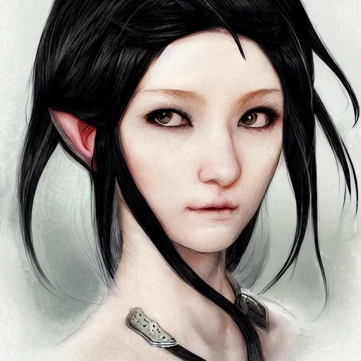 Image similar to portrait of an elf girl by ayami kojima, she is about 2 0 years old, mixture between british and japanese, black bob hair, and she is wearing a modern tactical gear, scifi, highly detailed portrait, digital painting, artstation, concept art, smooth, sharp foccus ilustration, artstation hq