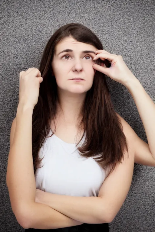 Image similar to professional photo of depressed teacher on backboard background, women, 2 5 year old, brunette, bib hairstyle, portrait, realistic, detailed