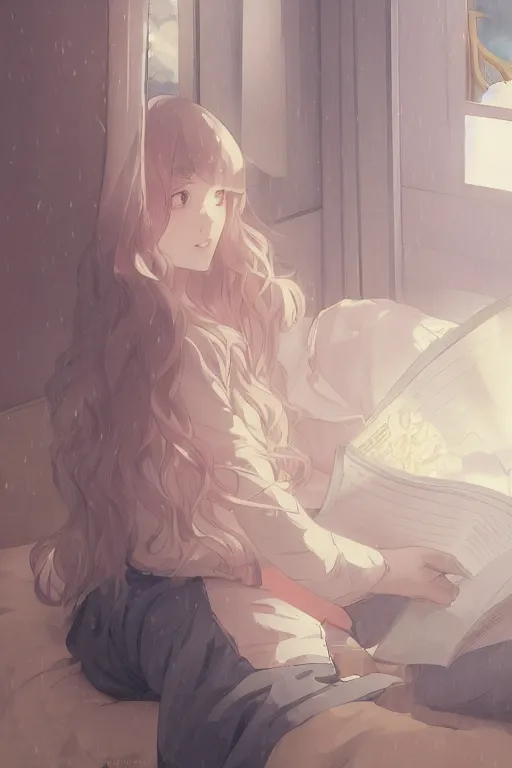 Image similar to a teenage girl in a jk uniform outfit in the bedroom reading a book in a night, raining outside the window, grey and orange theme ， wavy white long hair, by krenz cushart and mucha and akihito yoshida and greg rutkowski and wlop, detailed eyes, 4 k resolution