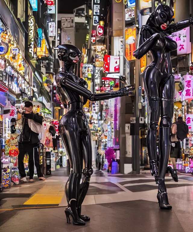 Image similar to high quality presentation photo of an evil robot anthropomorphic catwoman shopping in japan, photography 4k f1.8 anamorphic bokeh 4k Canon Nikon