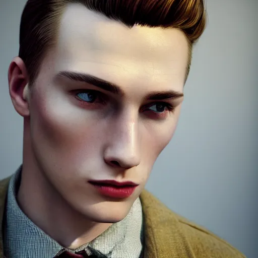 Image similar to A videogame portrait of a young Irish man with high cheekbones. Good bone structure. Dressed in 1940s style. (Blond). Highly detailed, fine Art, high detail, great lighting, 8k resolution, masterpiece, concept art, illustration, clear eyes, painting oil on canvas, octane render, HDR, trending on artstation, 4k, 8k, HD
